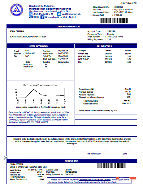 Philippines Metropolitan Cebu Water District utility bill template in Word and PDF formats, version 2